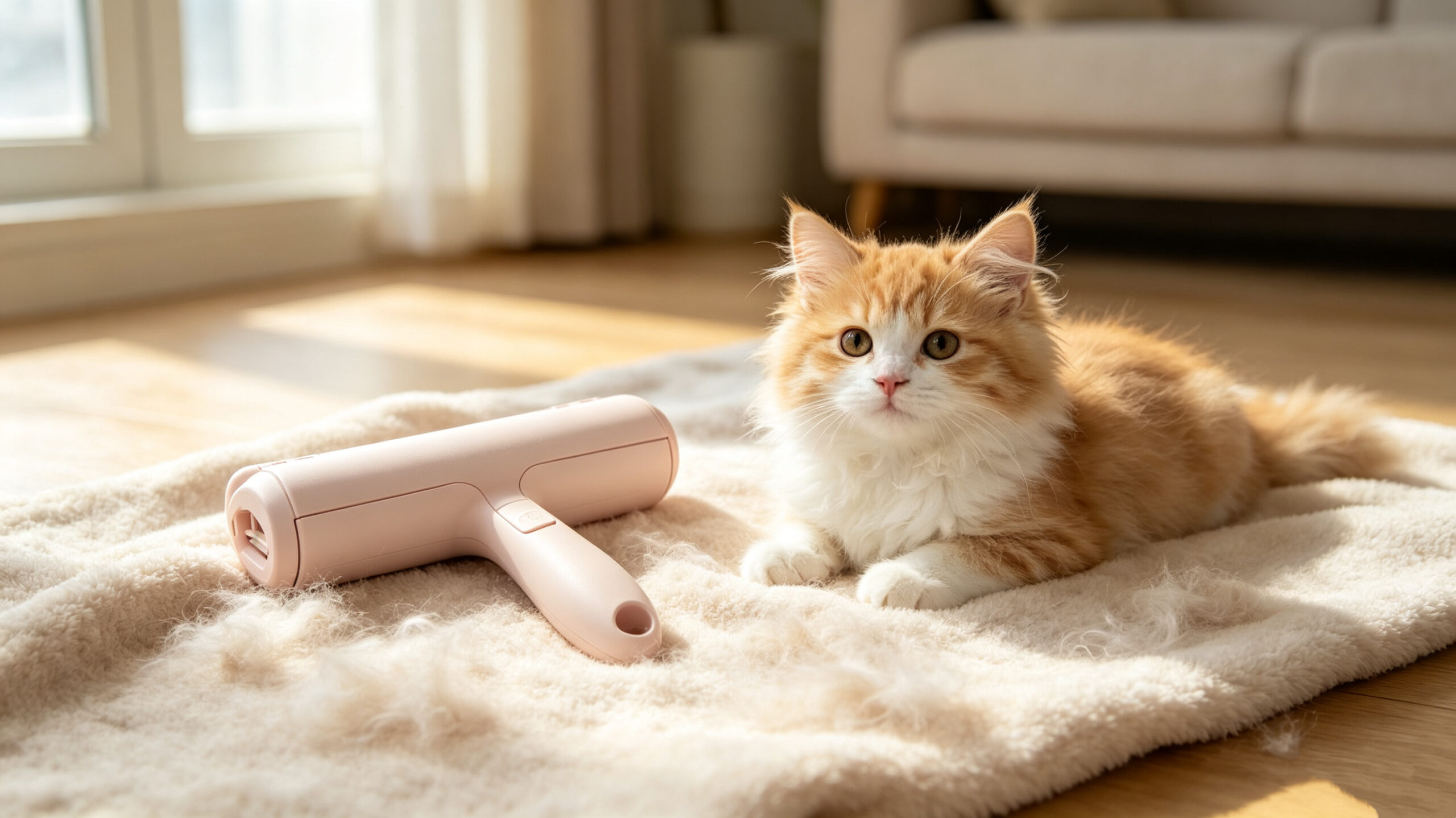 Reusable pet hair remover on blanket with cat