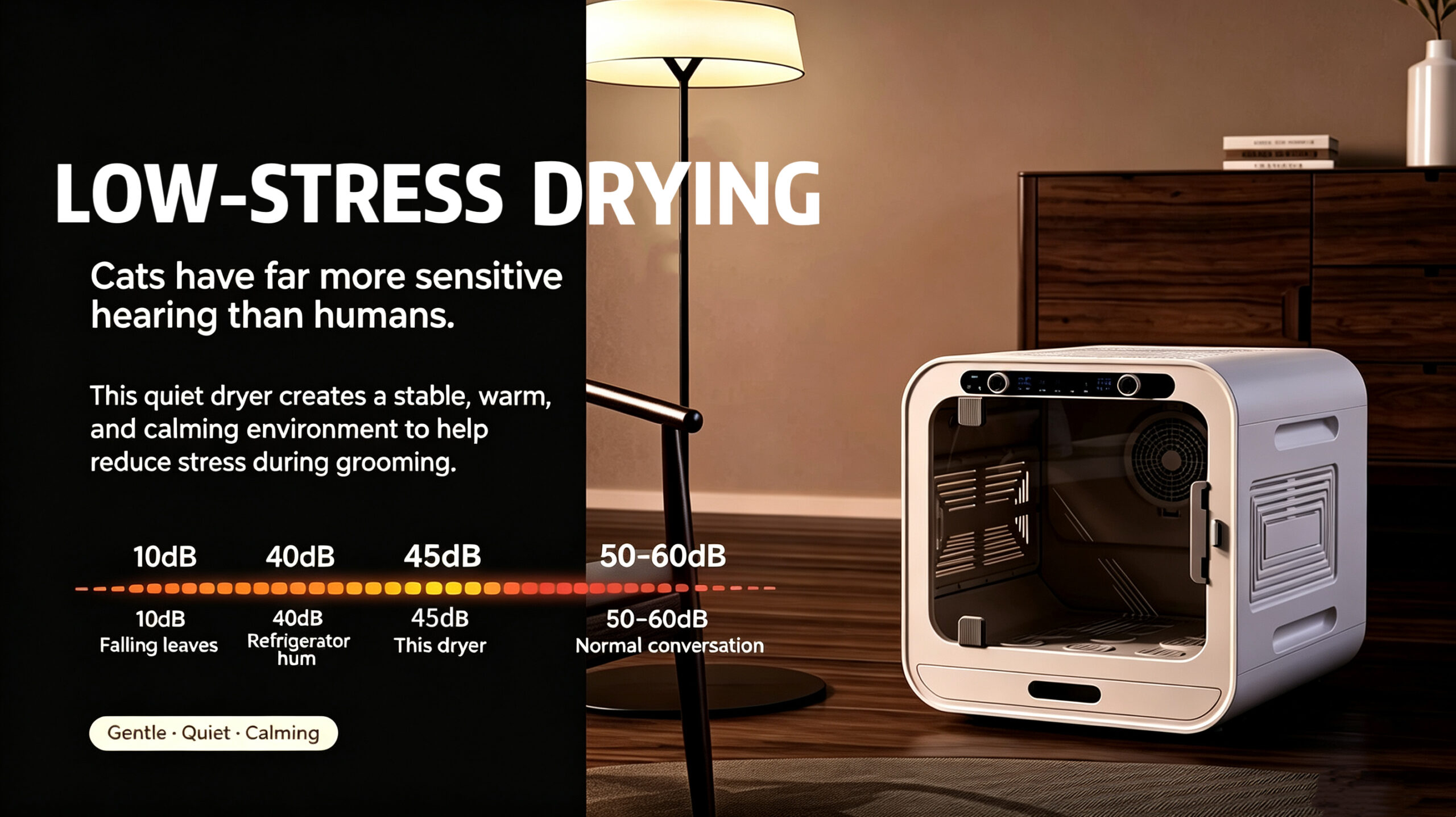 Low-stress pet drying cabinet, quiet pet drying box 45dB low noise pet dryer for cat home grooming